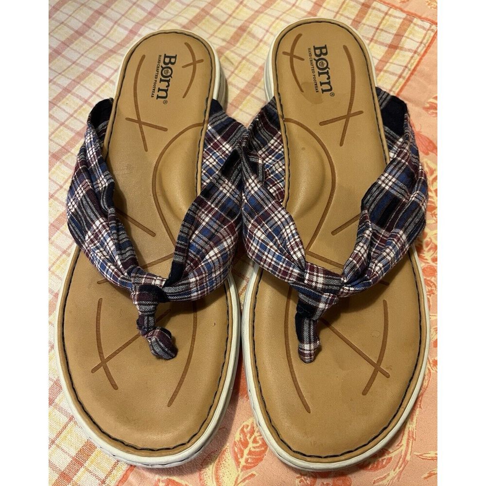 BORN Tide Plaid Fabric Flip Flop Thong Sandals Blue Red White Women's Size 10 M